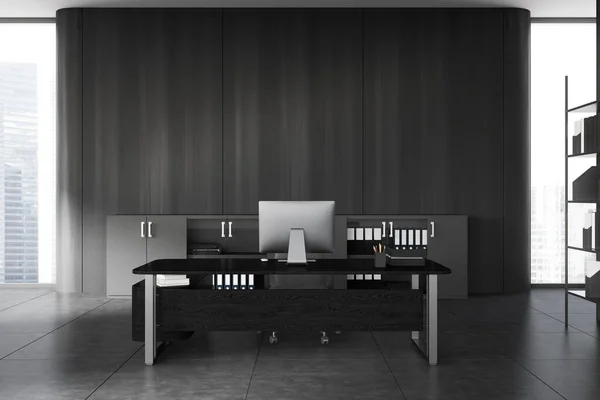 Black Ceo Room Interior Computer Table Grey Tile Concrete Floor — Stock Photo, Image