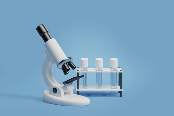 Cartoon Microscope Test Flasks Pipette Holder Empty Copy Space Blue — Stock Photo, Image