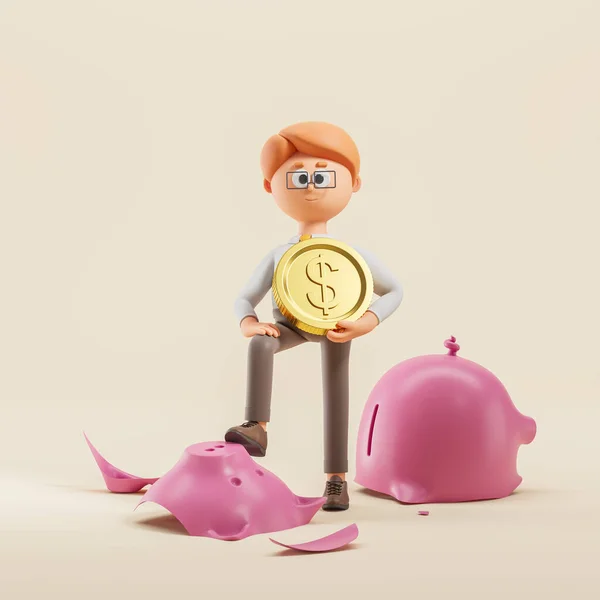Απόδοση Ευτυχισμένος Χαρακτήρας Καρτούν Άνθρωπος Μεγάλο Νόμισμα Δολάριο Σπασμένα Κουμπαράς — Φωτογραφία Αρχείου