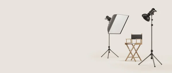 Film production, director\'s chair and photo studio equipment on empty copy space beige background. Concept of cinema and video production. 3D rendering illustration
