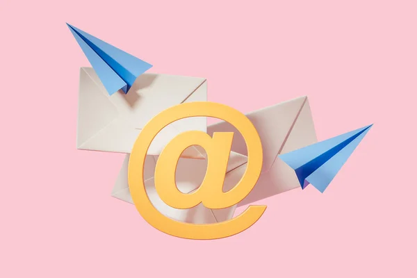 Email Jaune Symbole Enveloppes Avions Papier Sur Fond Rose Concept — Photo