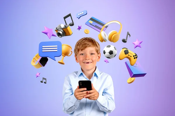 Portrait Cheerful Little Boy Using Smartphone Purple Wall Online Entertainment — Stock Photo, Image
