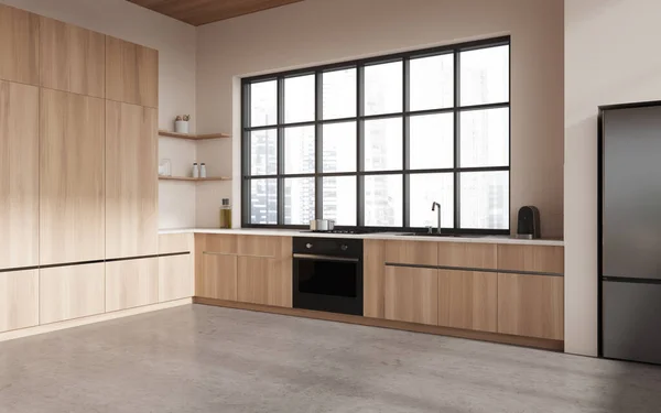 Interior Modern Kitchen Beige Wooden Walls Concrete Floor Wooden Cabinets — Stock Photo, Image