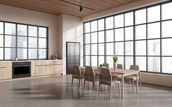 Aconchegante Casa Cozinha Interior Com Mesa Jantar Vista Lateral Cadeiras — Fotografia de Stock