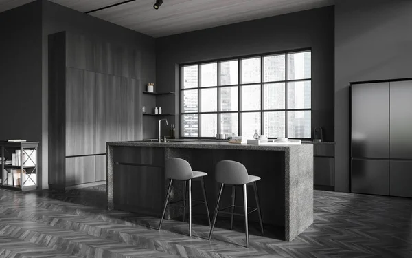时尚厨房的内部 有灰色和深色的木制墙壁 木制地板 灰色橱柜 内置水池和炊具 角落有凳子和冰箱 3D渲染 — 图库照片