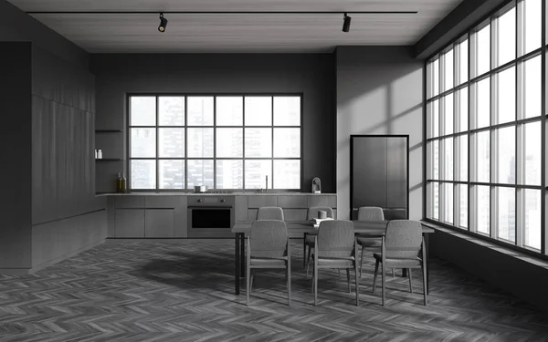 Interior Cozinha Elegante Com Paredes Cinza Madeira Piso Madeira Armários — Fotografia de Stock
