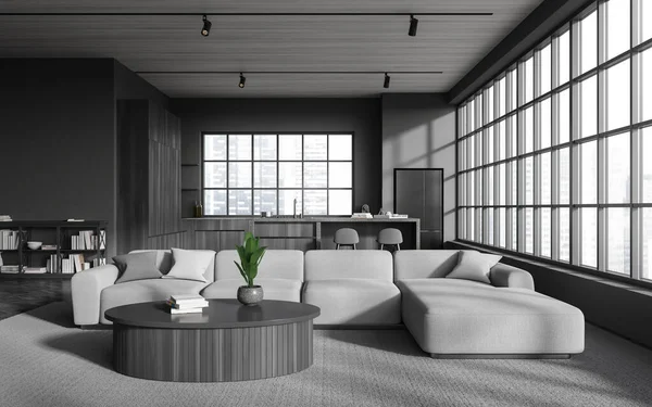 Dunkles Studio Interieur Mit Sofa Und Schublade Mit Dekoration Bar — Stockfoto