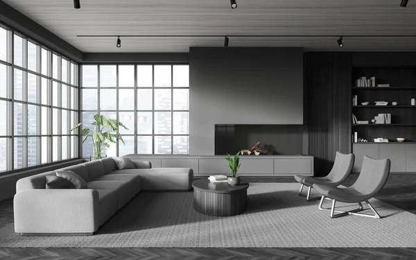 Graue Wohnzimmereinrichtung Mit Zwei Sesseln Und Sofa Couchtisch Und Regal — Stockfoto