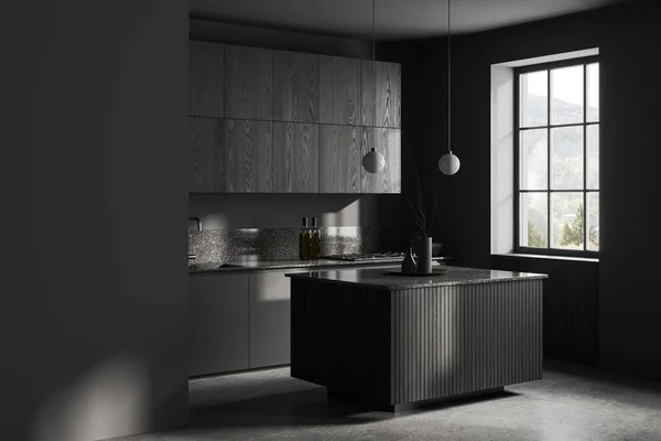 Ecke Der Stilvollen Küche Mit Grauen Und Schwarzen Wänden Betonboden — Stockfoto