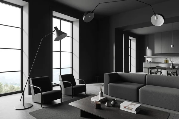 有灰色墙壁 混凝土地板 灰色沙发 两张扶手椅和厨房的时尚客厅角落 背景为橱柜和餐桌 3D渲染 — 图库照片