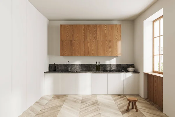 白色家庭厨房内部与最小的烹饪空间 凳子和厨房用具与货架 硬木地板 带全景窗的时尚用餐区 3D渲染 — 图库照片