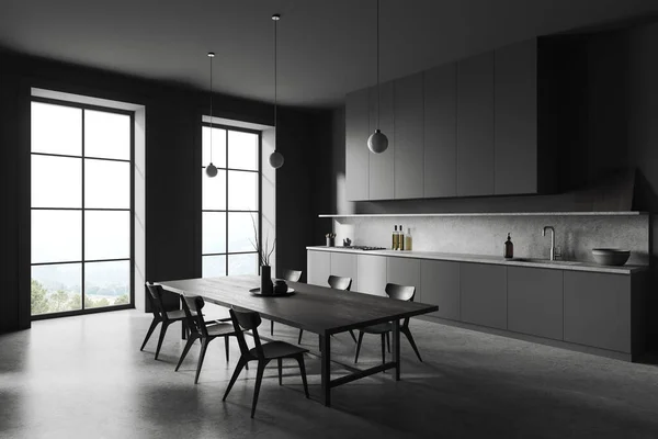 콘크리트 회색캐 이있는 부엌의 내부는 싱크대와 요리실로 의자가 렌더링 — 스톡 사진