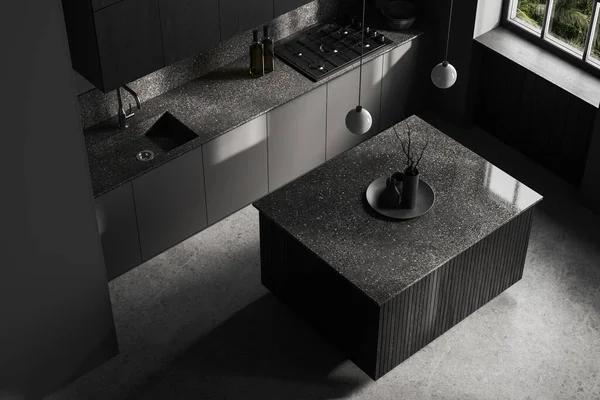 Vista Superior Interior Cozinha Escura Com Pedra Bar Ilha Utensílios — Fotografia de Stock