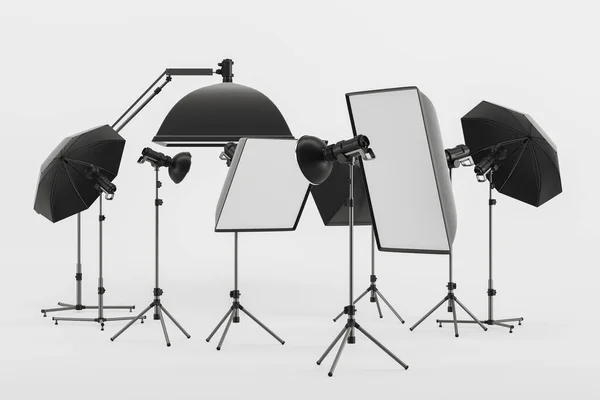 工作室聚光灯 照相室 配有专业设备 白色背景空白 三脚架 站立灯 伞和聚光灯 3D渲染说明 — 图库照片