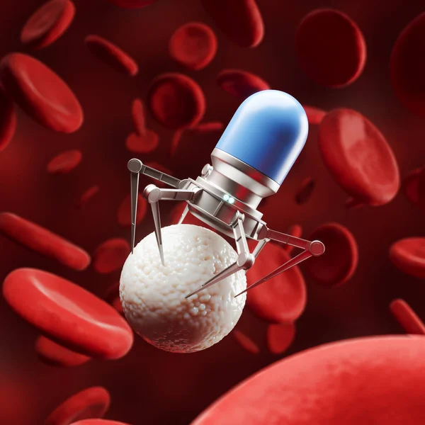 Nanobot removing a bacterium in blood cells. Nano sized robots developed to treat infections. Concept of biomedical engineering, nanotechnology and future of medicine. 3D rendering illustration
