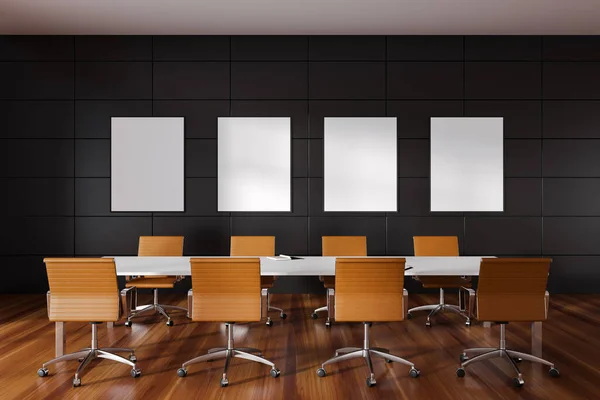 简约的办公室内部有会议桌 硬木地板上的扶手椅 与现代家具和四个模拟帆布海报连成一排的见面地点 3D渲染 — 图库照片