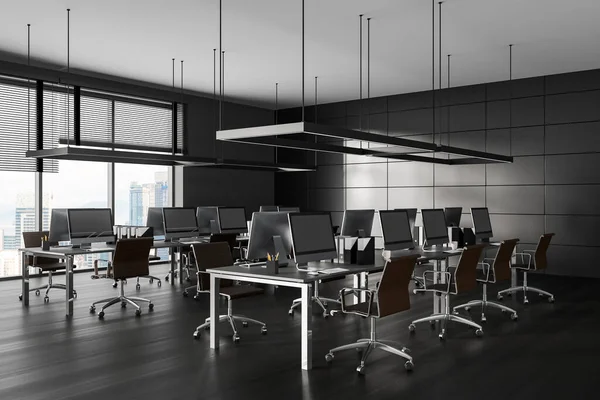 带有灰色墙壁 深色木地板 一排电脑桌和全景窗户的现代开放空间办公室角落 3D渲染 — 图库照片