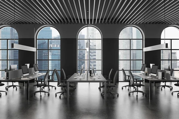 Interior Modern Open Space Office Gray Walls Concrete Floor Rows — Stock Photo, Image