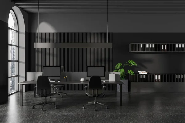 Blick Auf Einen Komfortablen Arbeitsplatz Modernen Büro Mit Grauen Wänden — Stockfoto