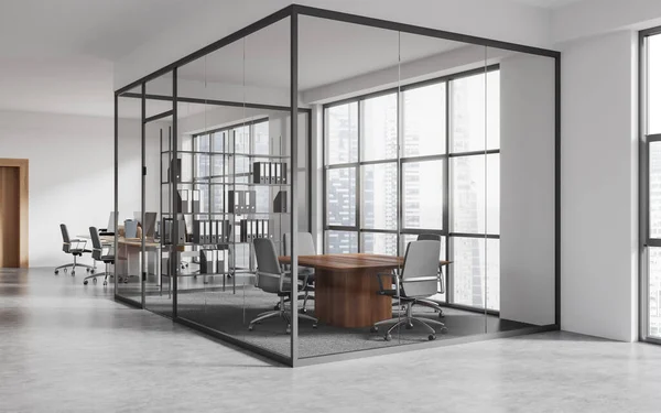 Minimalistisches Bürointerieur Mit Konferenztisch Hinter Glastüren Seitenansicht Coworking Ecke Mit — Stockfoto