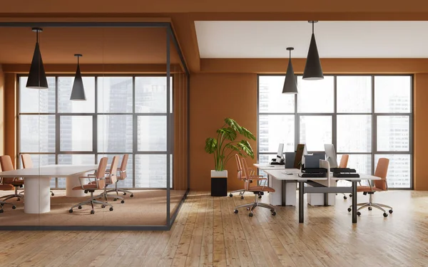Minimalist office interior with work zone and conference table behind glass box doors. Orange workspace with desk and pc computer in row, panoramic window on Singapore skyscrapers. 3D rendering