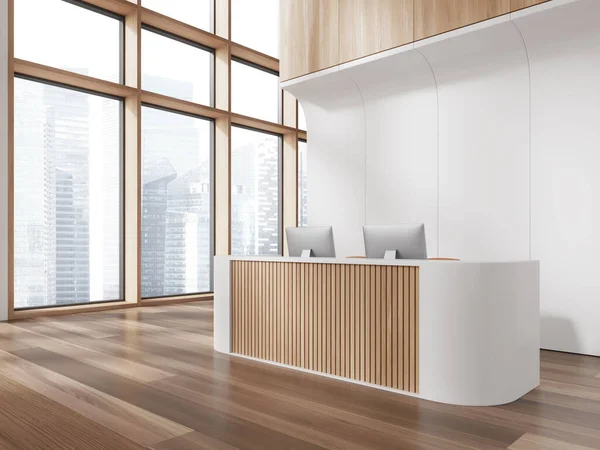 Ecke Des Modernen Büros Mit Weißen Und Hölzernen Wänden Holzboden — Stockfoto