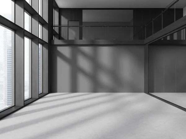 グレーと木製の壁 コンクリートの床 パノラマウィンドウと大きなグレーのモックアップ壁とスタイリッシュなオフィスのインテリア 3Dレンダリング — ストック写真