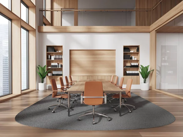 Escritório Madeira Reunião Interior Com Cadeiras Tábua Madeira Tapete Chão — Fotografia de Stock