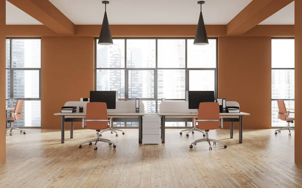 Open space coworking interior with armchairs and pc computer on table in row, hardwood floor. Company work zone with panoramic window on Singapore. 3D rendering
