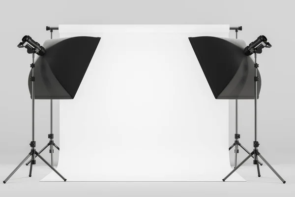 Προβολείς Στούντιο Φωτογραφείο Επαγγελματικό Εξοπλισμό Άδειο Λευκό Φόντο Τρίποδο Μαλακό — Φωτογραφία Αρχείου