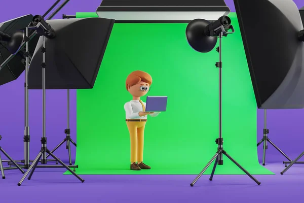 Rendering Cartoon Character Man Laptop Green Cyclorama Professional Photo Video — Stock Photo, Image