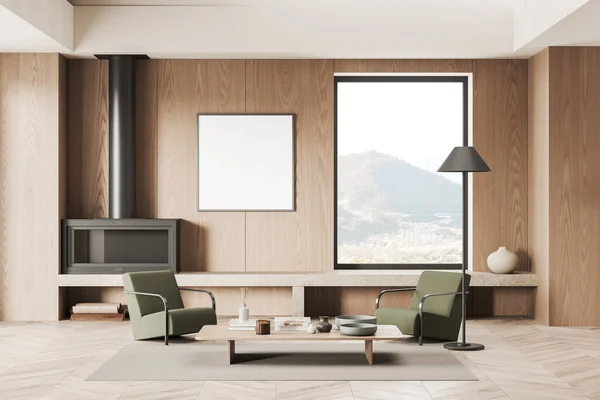 Interiér Moderního Obývacího Pokoje Dřevěnými Stěnami Podlahou Pohodlným Krbem Dvěma — Stock fotografie