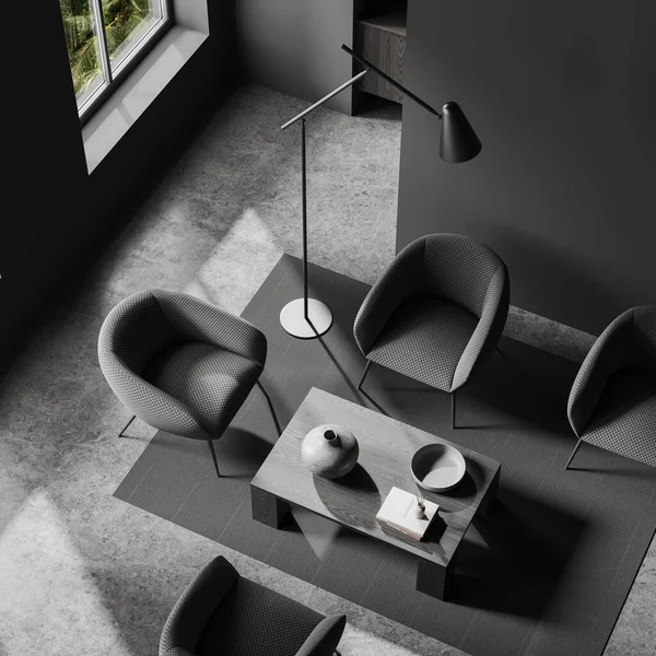 顶部的黑暗客厅内部有柔软的扶手椅 木制咖啡桌装饰和灯 用简约的家具和热带地区的全景窗户放松一下 3D渲染 — 图库照片