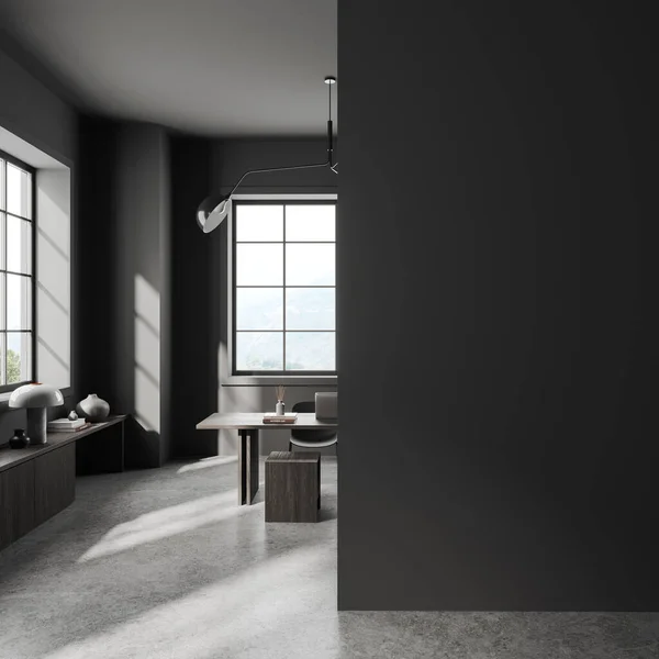 Interieur Van Stijlvol Thuiskantoor Met Grijze Muren Betonnen Vloer Comfortabel — Stockfoto