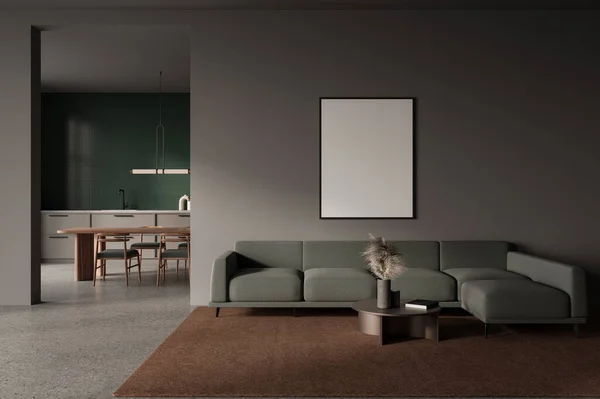 黑暗的家庭工作室内部与沙发和咖啡桌 模拟画布海报上的分割 现代公寓背景下的餐桌和烹饪区 3D渲染 — 图库照片