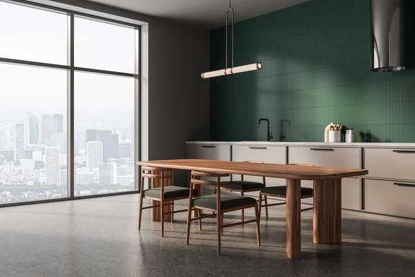 Stilvolle Wohnküche Mit Esstisch Stühlen Mit Seitenblick Auf Betonboden Regale — Stockfoto