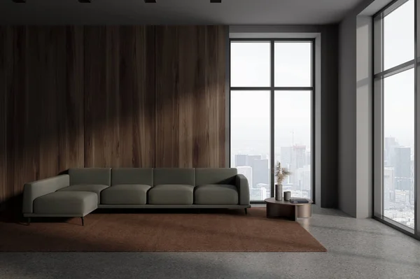 Interior Stylish Living Room Gray Walls Concrete Floor Comfortable Long — Stock Photo, Image