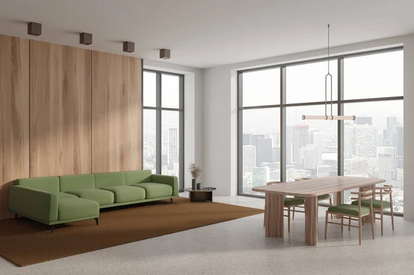 白い壁 コンクリートの床 快適な緑のソファと椅子付きの長い木製のダイニングテーブルとモダンなリビングルームのインテリア 3Dレンダリング — ストック写真