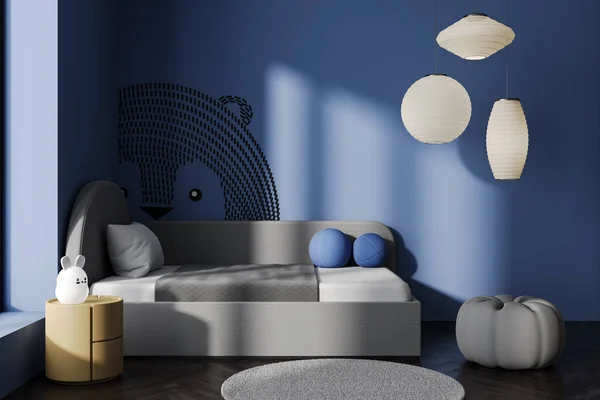 Modern Çocuk Odasının Içinde Mavi Duvarlar Koyu Ahşap Zemin Rahat — Stok fotoğraf
