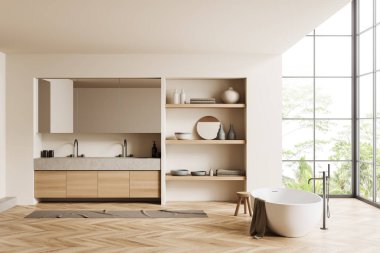 Çift lavabo, küvet ve ahşap döşemeli bej bir banyo. Rafta minimalist otel dekorasyonu ve tropik bölgelerde panoramik pencere. 3B görüntüleme