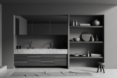 Karanlık banyonun içini büyük aynalı ön manzara, havlulu raflar, yuvarlak ayna, çanak çömlek, tabure, halı, lavabo, gri duvarlar, beton zemin, musluk. 3d oluşturma