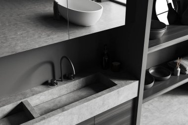 Lavabo ve aynalı karanlık banyo manzarası, banyo aksesuarları ve minimalist sanat dekorasyonu olan raf, gri beton zemin. 3B görüntüleme