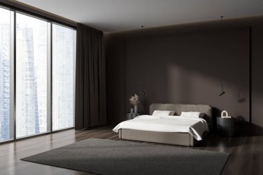 Karanlık yatak odasının içi, içi boş kahverengi duvar, yatak, panoramik pencere, lamba, yatak başları, perde, ahşap parke zemin. Minimalist tasarım kavramı. Yaratıcı fikir için yer var. 3d oluşturma