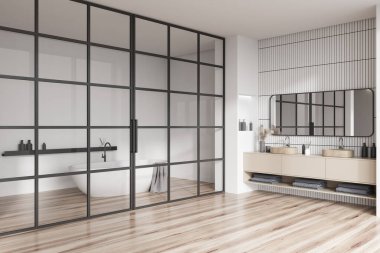 Banyonun içinde çift lavabo ve cam kapılar ardında küvet, yan görüş. Banyo aksesuarları ve modern dekorasyonlu bej güverte. 3B görüntüleme