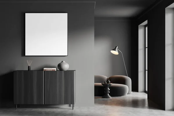 Dark Living Room Interior Black Wooden Dresser Decoration Sofa Corner — Stock Photo, Image