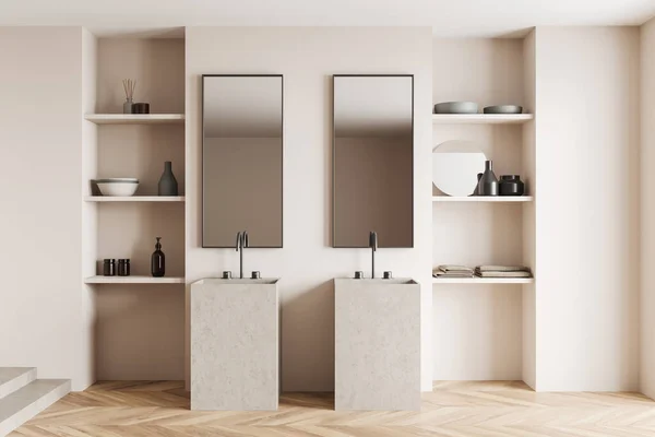 Vooraanzicht Lichte Badkamer Interieur Met Twee Spiegels Planken Met Serviesgoed — Stockfoto