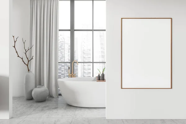 Bílý Koupelnový Interiér Vanou Dekorace Šedé Dlaždice Luxusní Hotelová Koupaliště — Stock fotografie
