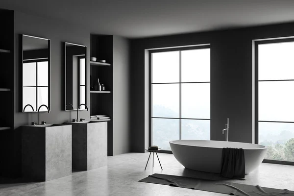 Dark Bathroom Interior Double Sink Bathtub Side View Grey Concrete — Stock Photo, Image