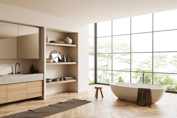 Interior Baño Madera Con Lavabo Bañera Vista Lateral Suelo Madera — Foto de Stock