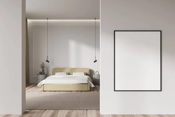 White Bedroom Interior Bed White Linens Nightstand Modern Art Decoration — Stock Photo, Image